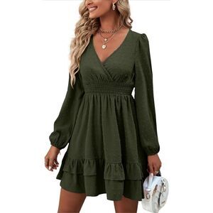 NEW V Neck Swing Ruffle Swiss Dots Long Sleeve Mini Dress XL